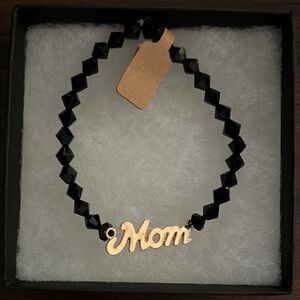 Gold 'Mom' Script Bracelet with Black Beads